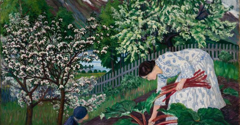 Rabarbra, maleri av Nikolai Astrup fra 1911 av kona Engle som plukker rabarbra i hagen