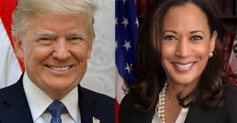 Portrettfoto av presidenkandidatene Donald Trump og Kamala Harris