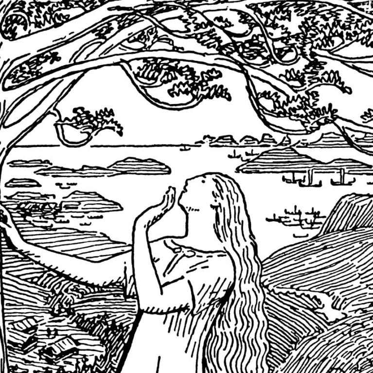 Tegning av en kvinne som ser opp i et tre