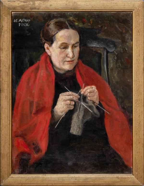 Maleri av Petra Astrup som strikker malt av sønnen Nikolai Astrup cirka 1908