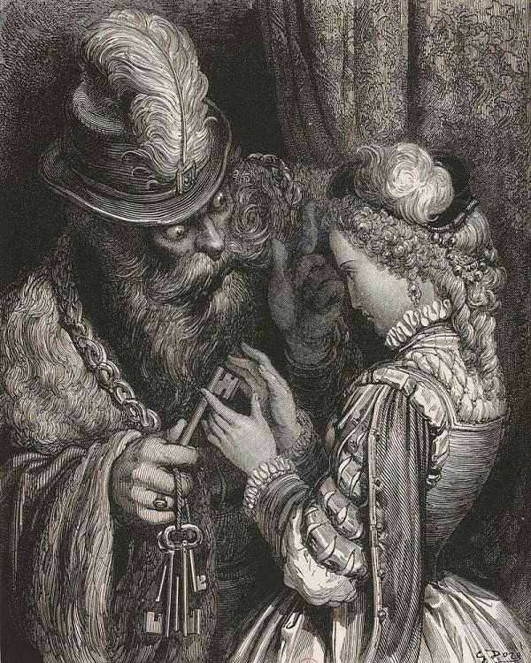 Barbebleue eller Blåskjegg gir sin nye kone nøkkelen, av Gustave Doré